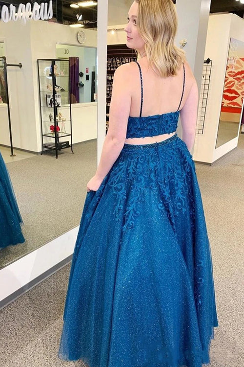 Robe de soirée deux pièces bleue à bretelles spaghetti et appliqués, robe de bal