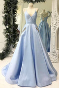 Simple V-neck Sky Blue A-line Satin Long Prom Dresses with Pocket