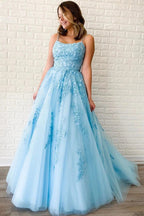 Vestidos de fiesta amarillos de tul con tirantes finos, escote redondo y corte en A con apliques