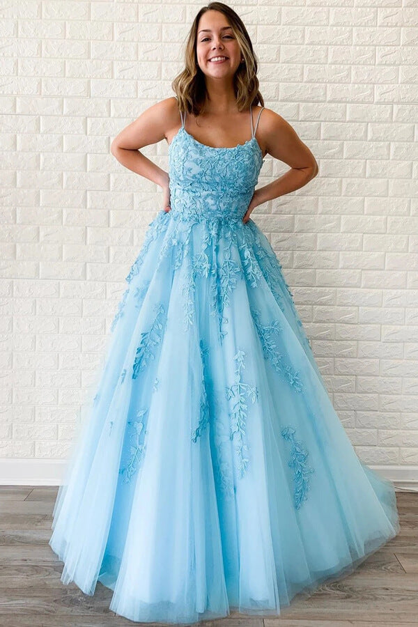 Vestidos de fiesta amarillos de tul con tirantes finos, escote redondo y corte en A con apliques