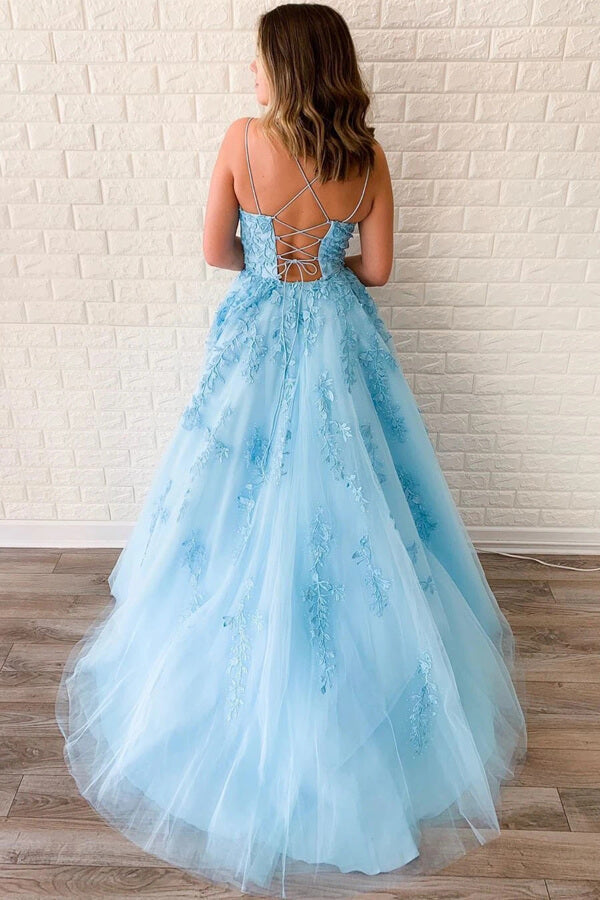 Vestidos de fiesta amarillos de tul con tirantes finos, escote redondo y corte en A con apliques