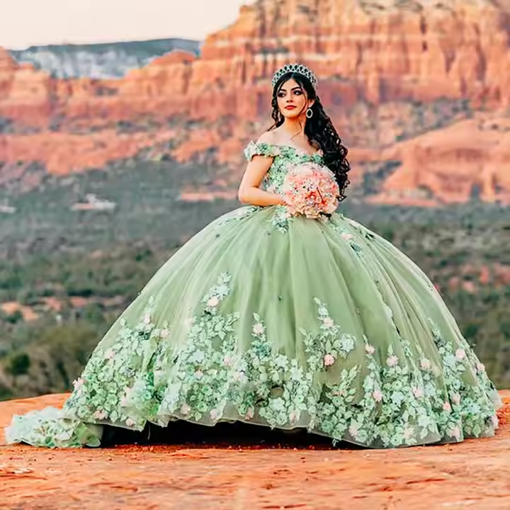 Vestido de quinceañera verde salvia claro, vestido de baile floral para concurso de belleza Sweet 16 Y2063