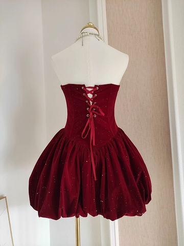 Cute A Line Strapless Burgundy Velvet Ruffles Homecoming Dress Y7972