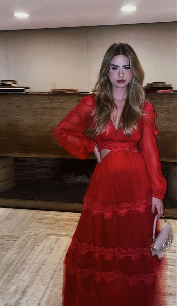 Robe de bal rouge à manches longues et coupe trapèze, robe de soirée rouge Y6141
