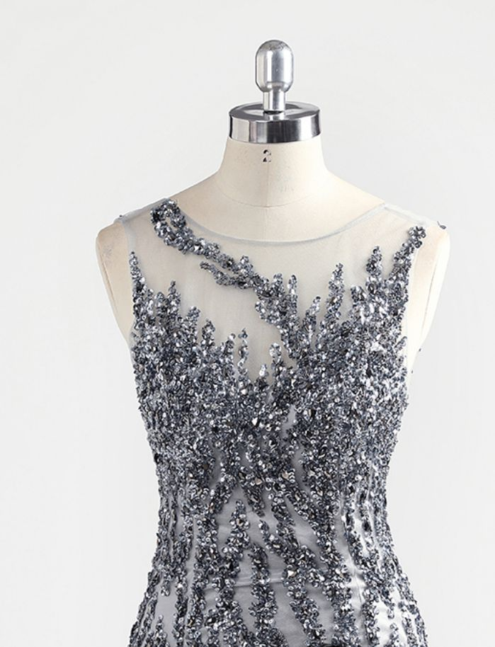 Increíble vestido de noche formal de sirena sexy con cuello redondo gris de lujo Y6670