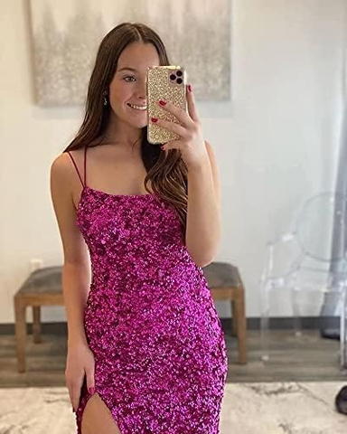 Robe de bal à paillettes et sequins, fente haute, bleu roi, 75 Y