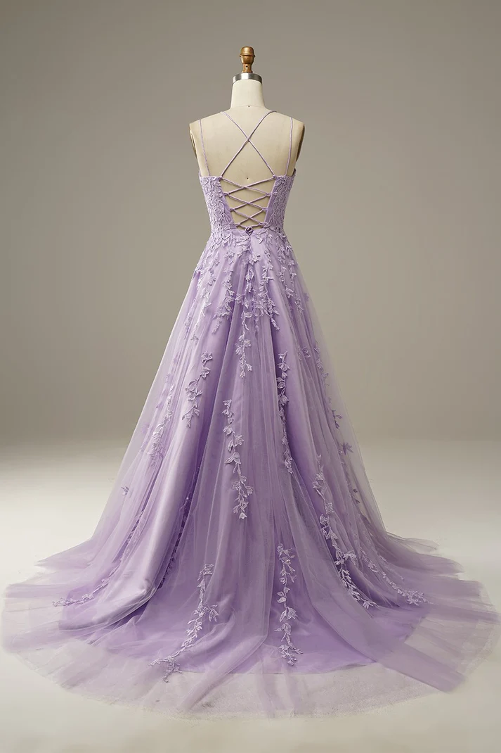 Robe de bal élégante lavande, robe de soirée trapèze ornée d'appliqués, Y1129