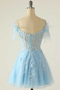 Vestido corto de fiesta de bienvenida con apliques azul claro, hombros descubiertos y corte en A Y2672