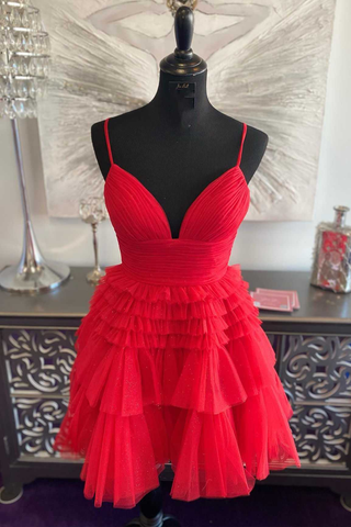 Multi-Tiered V-Neck Backless A-Line Short Party Dress A-line Homecoming Dress Y2350