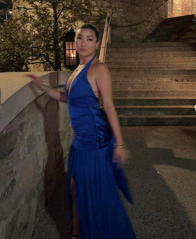 Vestido de noche azul de satén con escote halter y abertura, vestido de gala formal Y7863