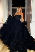 Robe de bal longue bustier en tulle noir, robe de soirée trapèze Y1797