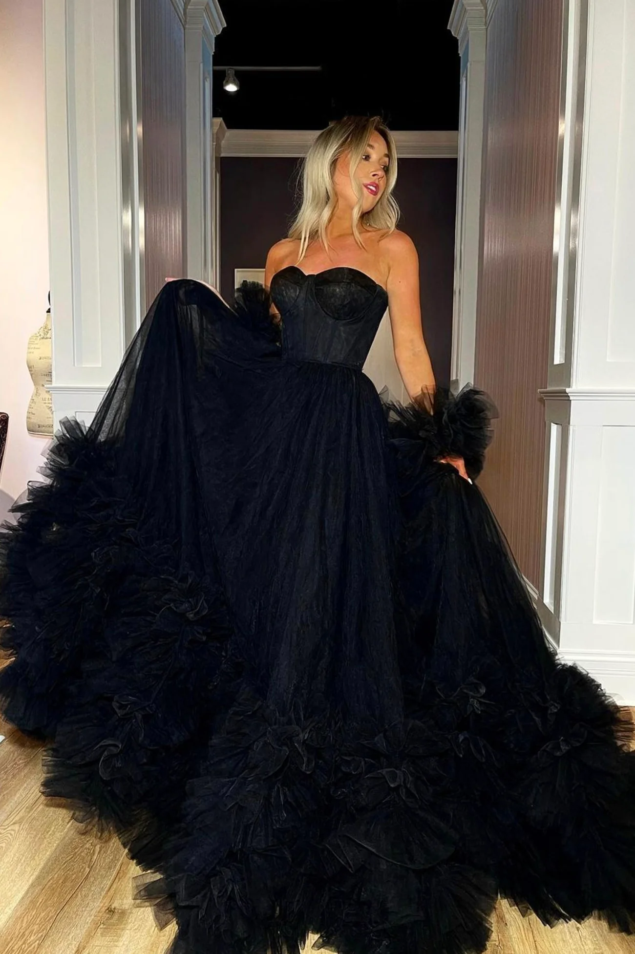 Vestido de baile largo de tul negro sin tirantes, vestido de noche corte A Y1797