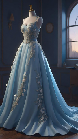 Classy Spaghetti Straps Satin Appliques Prom Dress Blue A Line Long Evening Dress Y8396