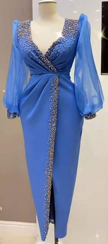 Vestido de fiesta azul estilo retro con mangas abullonadas. Elegante vestido de noche azul Y5680