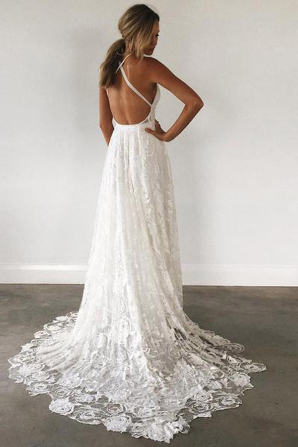 Robes de mariée longues et charmantes en dentelle ivoire, col V, disponibles en ligne