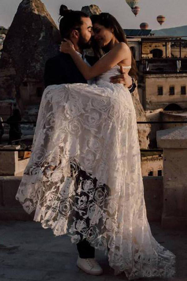 Robes de mariée longues et charmantes en dentelle ivoire, col V, disponibles en ligne