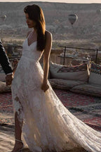 Robe de mariée bohème longue en dentelle ivoire, charmante, pour la plage.