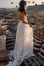 Robe de mariée bohème longue en dentelle ivoire, charmante, pour la plage.