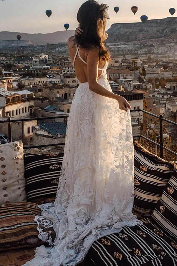 Robe de mariée bohème longue en dentelle ivoire, charmante, pour la plage.