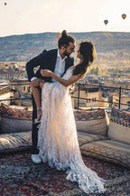 Robe de mariée bohème longue en dentelle ivoire, charmante, pour la plage.