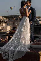 Robe de mariée bohème longue en dentelle ivoire, charmante, pour la plage.