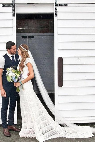 Vestidos de novia bohemios estilo sirena boho de encaje, espalda descubierta y mangas cortas MW265