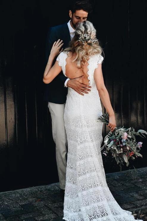 Lace Boho Mermaid Backless Cap Sleeve Bohemian Wedding Dresses MW265