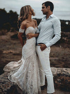 Robe de mariée bohème rustique ivoire en dentelle à col cœur MW267