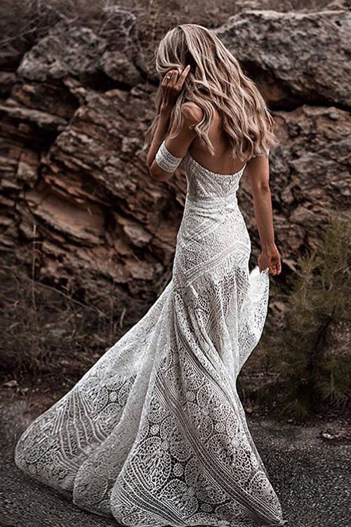 Robe de mariée bohème rustique ivoire en dentelle à col cœur MW267