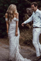 Robe de mariée bohème rustique ivoire en dentelle à col cœur MW267