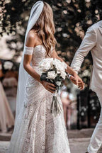 Robe de mariée bohème rustique ivoire en dentelle à col cœur MW267