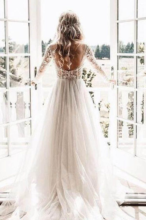 Robe de mariée bohème à manches longues en dentelle florale perlée transparente MW269