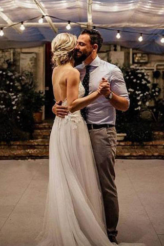 Baoleely V-neck Beach Backless Spaghetti Strap Summer Wedding Dresses,MW272