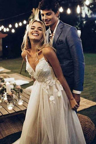 Baoleely V-neck Beach Backless Spaghetti Strap Summer Wedding Dresses,MW272