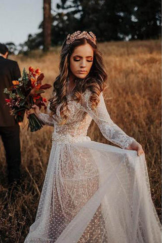 Vestido de novia bohemio estilo boho con lunares de encaje y mangas MW274