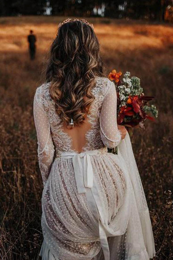 Robe de mariée bohème à pois en dentelle avec manches MW274
