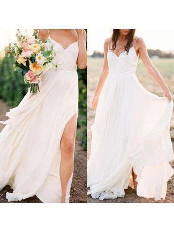 Vestidos de novia de verano sencillos con tirantes finos y abertura MW286