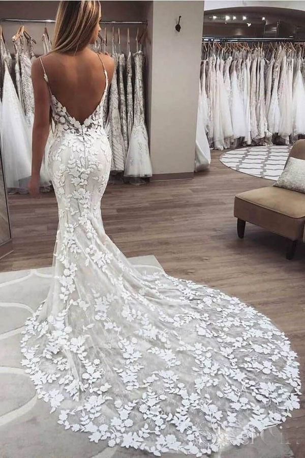Robe de mariée sirène vintage à bretelles spaghetti Roycebridal avec applications de dentelle