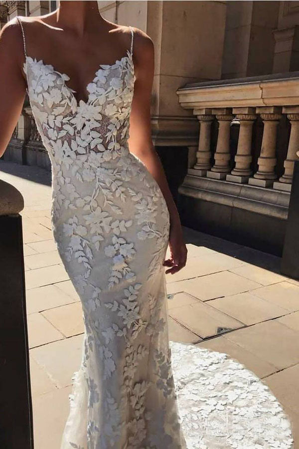 Robe de mariée sirène vintage à bretelles spaghetti Roycebridal avec applications de dentelle