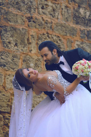 Robe de mariée vintage en tulle à manches longues et perles, style bal, Baoleely, MW297