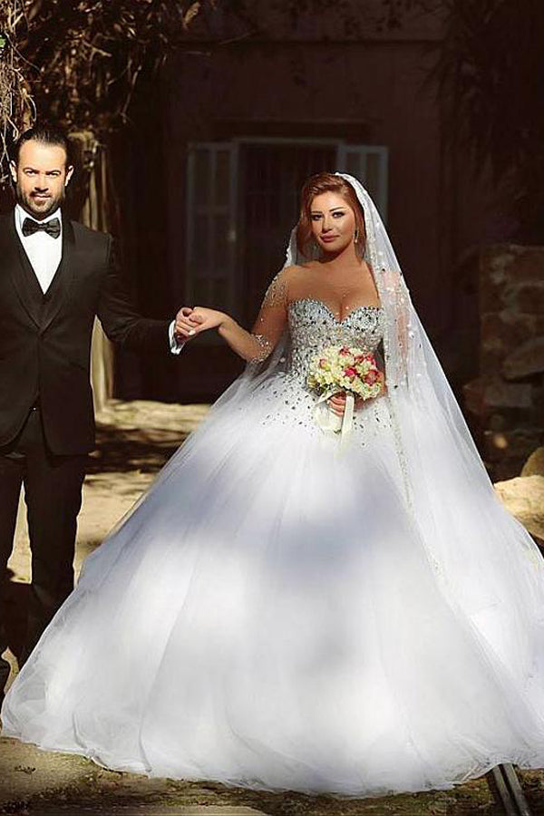 Baoleely Vintage Long Sleeve Beadings Ball Gown Tulle Wedding Dress,MW297