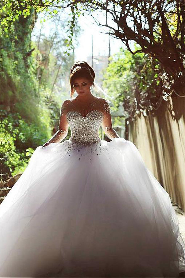 Baoleely Vintage Long Sleeve Beadings Ball Gown Tulle Wedding Dress,MW297