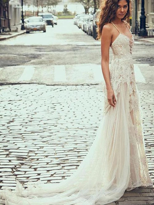 Cheap Spaghetti Straps Tulle Beach Wedding Dress, Lace Appliques Bridal Dresses