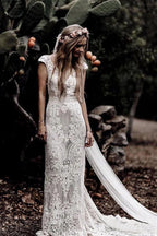 Cap Sleeve Sheath Boho Wedding Dresses Vintage Lace Rustic Wedding Dress MW314