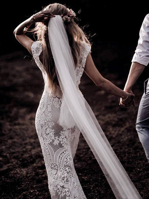 Cap Sleeve Sheath Boho Wedding Dresses Vintage Lace Rustic Wedding Dress MW314