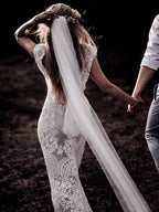 Cap Sleeve Sheath Boho Wedding Dresses Vintage Lace Rustic Wedding Dress MW314