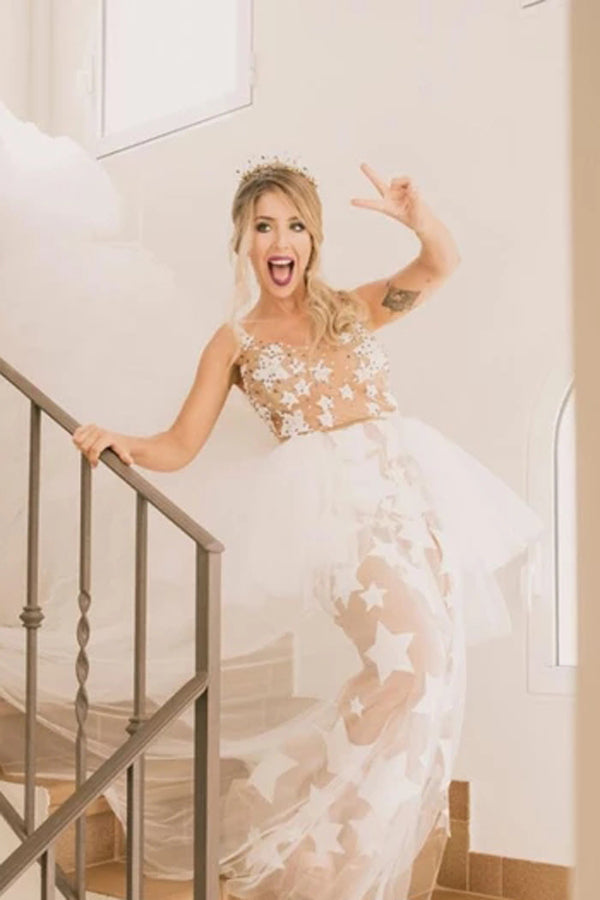 Baoleely Unique See Through Ivory Stars Lace Pattern Bridal Dress Edgy Wedding Dresses,MW372