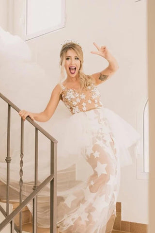 Baoleely Unique See Through Ivory Stars Lace Pattern Bridal Dress Edgy Wedding Dresses,MW372