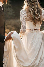 Robe de mariée Roycebridal deux pièces en mousseline blanche à col rond et manches longues, en dentelle
