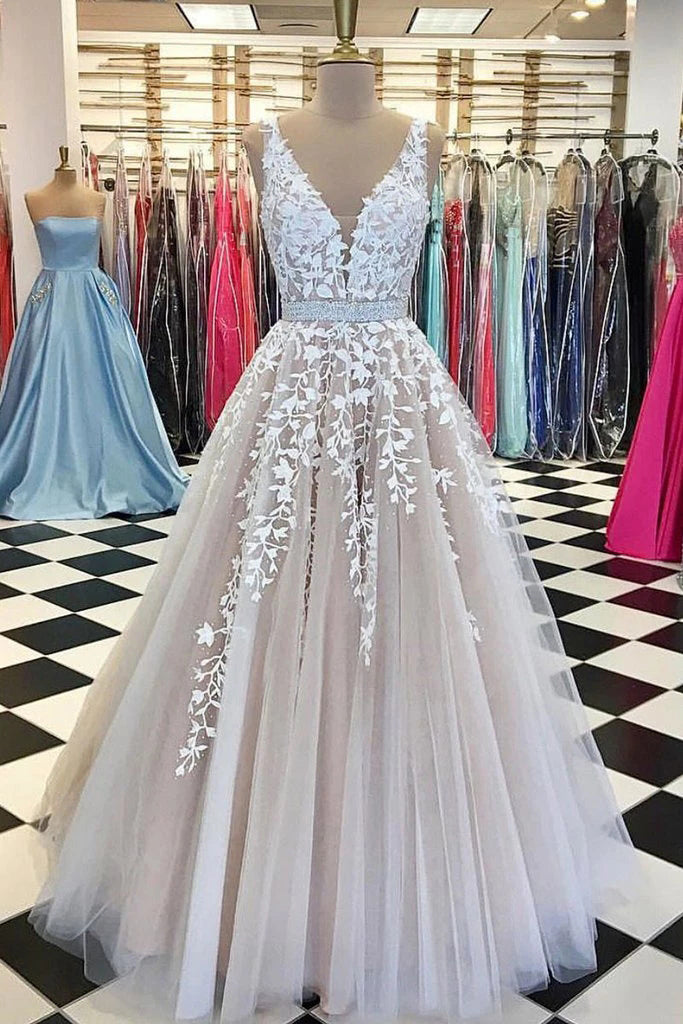 Vestido de novia largo de encaje con escote en V, vestido de baile de tul con apliques, MW396